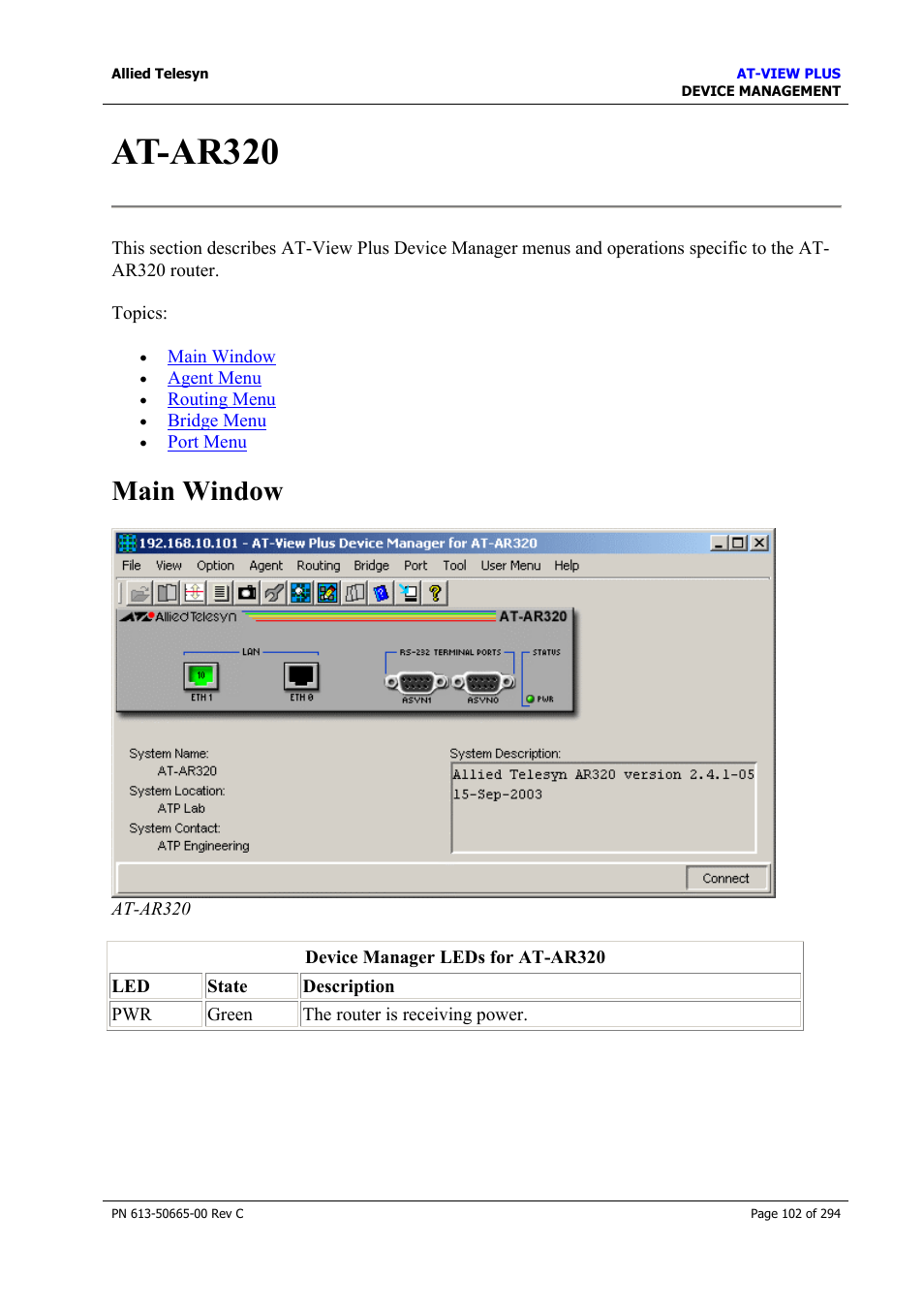 At-ar320, Main window | Allied Telesis AT-VIEW PLUS 3.2 DEVICE MANAGEMENT User Manual | Page 102 / 294