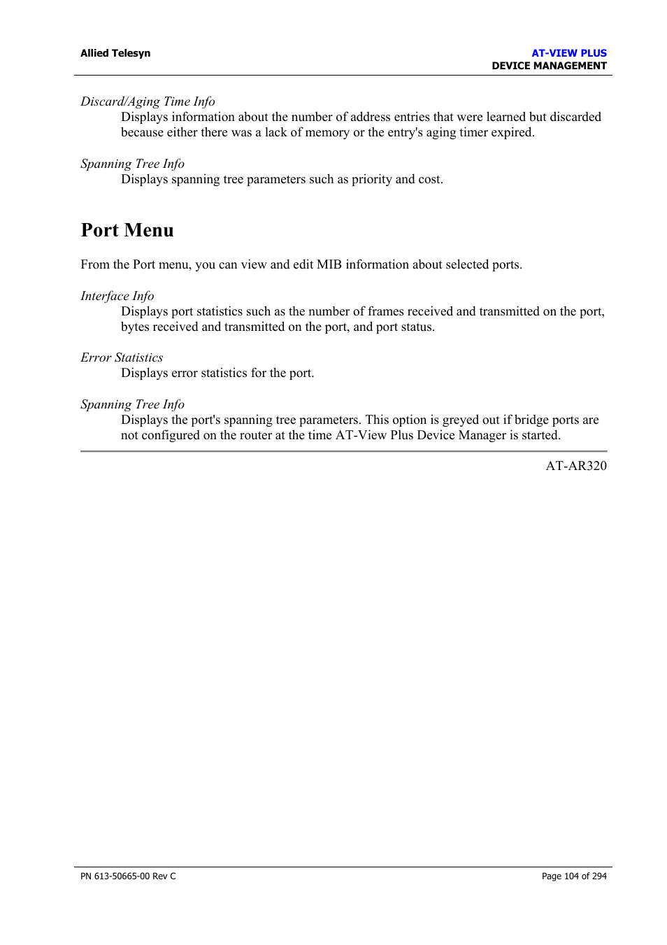 Port menu | Allied Telesis AT-VIEW PLUS 3.2 DEVICE MANAGEMENT User Manual | Page 104 / 294