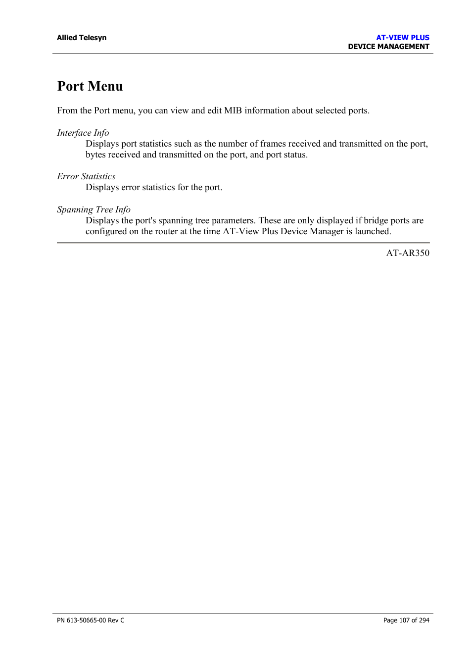 Port menu | Allied Telesis AT-VIEW PLUS 3.2 DEVICE MANAGEMENT User Manual | Page 107 / 294