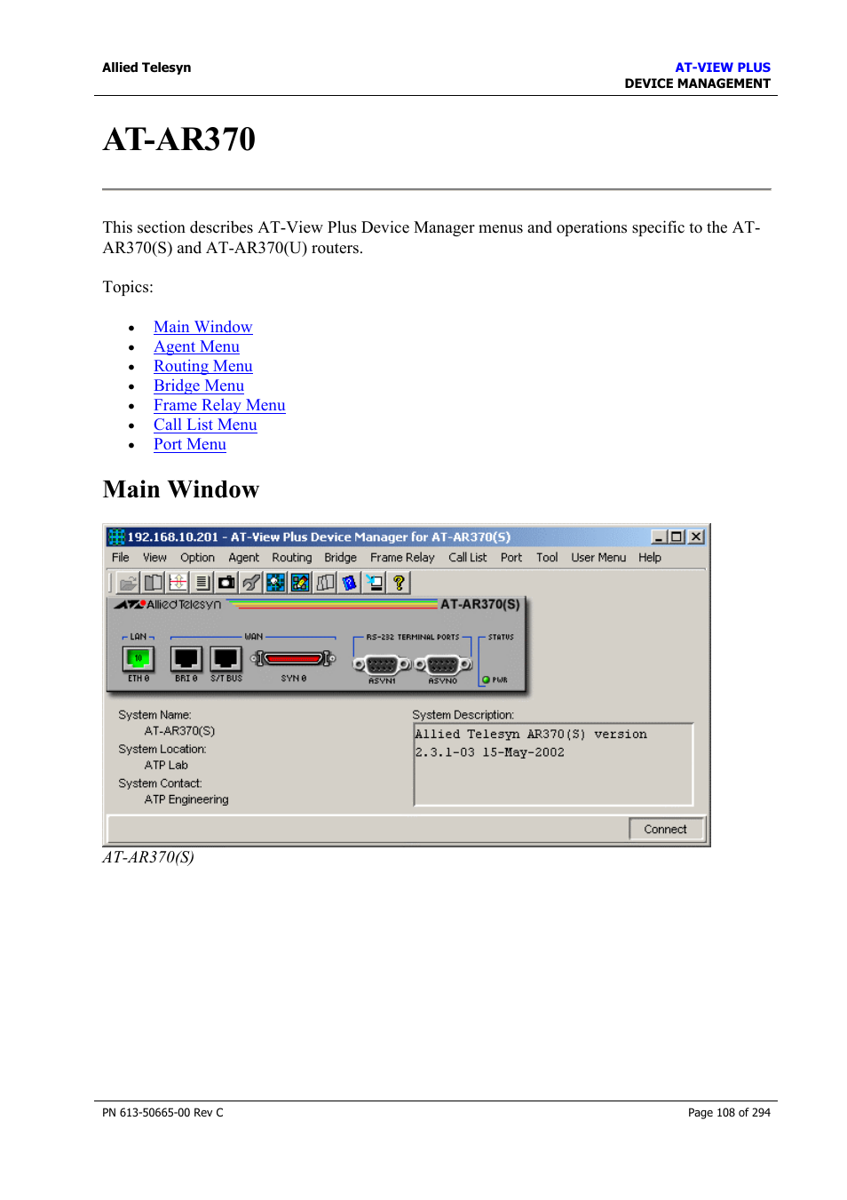 At-ar370, Main window | Allied Telesis AT-VIEW PLUS 3.2 DEVICE MANAGEMENT User Manual | Page 108 / 294