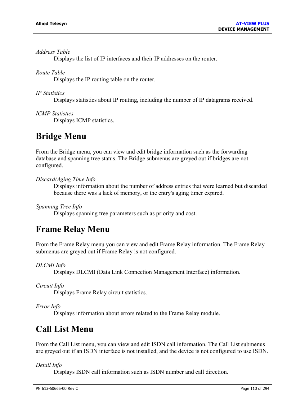 Bridge menu, Frame relay menu, Call list menu | Bridge menu frame relay menu call list menu | Allied Telesis AT-VIEW PLUS 3.2 DEVICE MANAGEMENT User Manual | Page 110 / 294