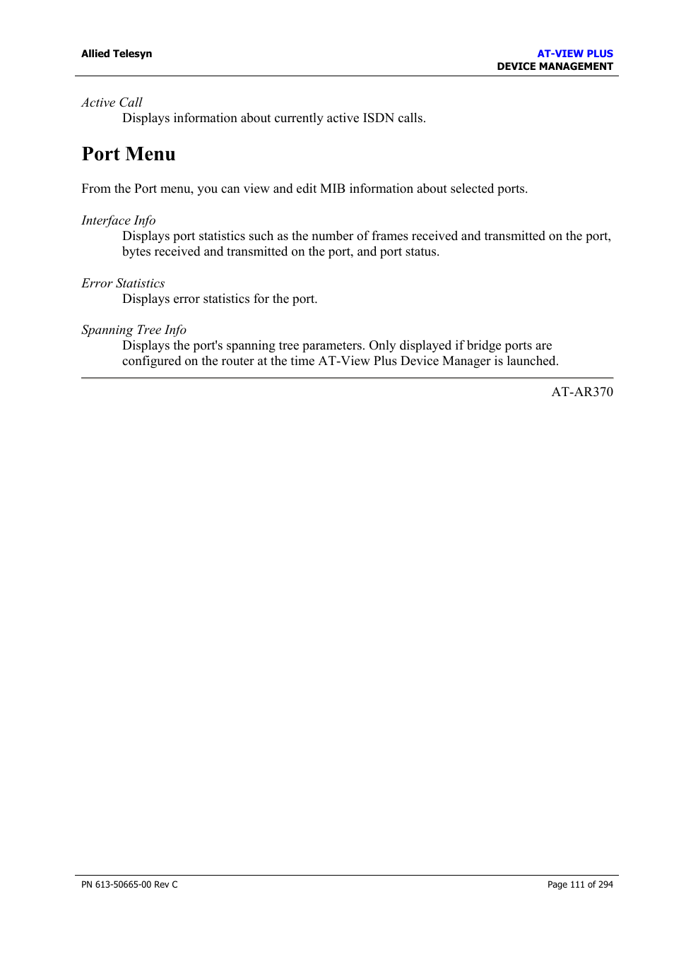 Port menu | Allied Telesis AT-VIEW PLUS 3.2 DEVICE MANAGEMENT User Manual | Page 111 / 294