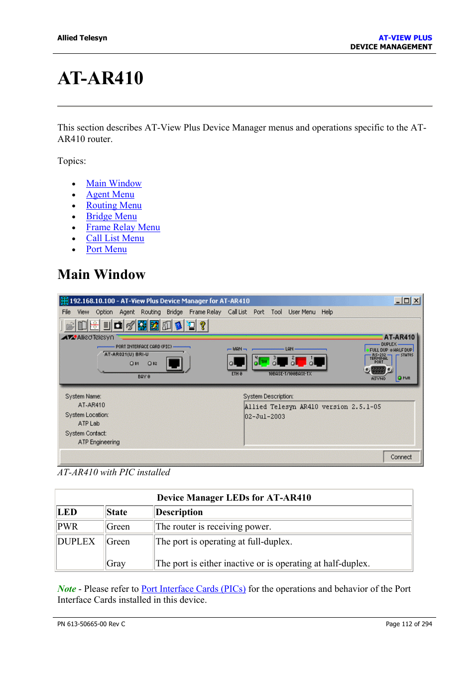 At-ar410, Main window | Allied Telesis AT-VIEW PLUS 3.2 DEVICE MANAGEMENT User Manual | Page 112 / 294
