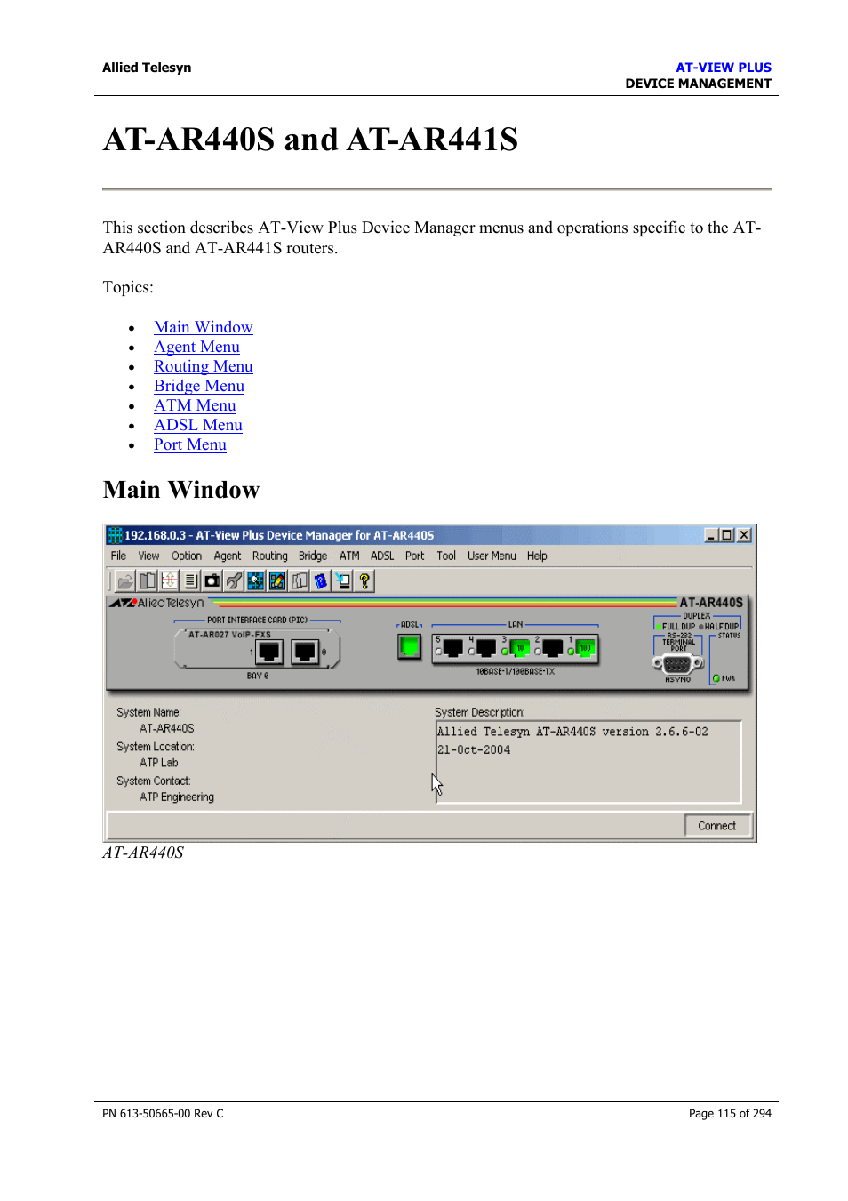 At-ar440s and at-ar441s, Main window | Allied Telesis AT-VIEW PLUS 3.2 DEVICE MANAGEMENT User Manual | Page 115 / 294