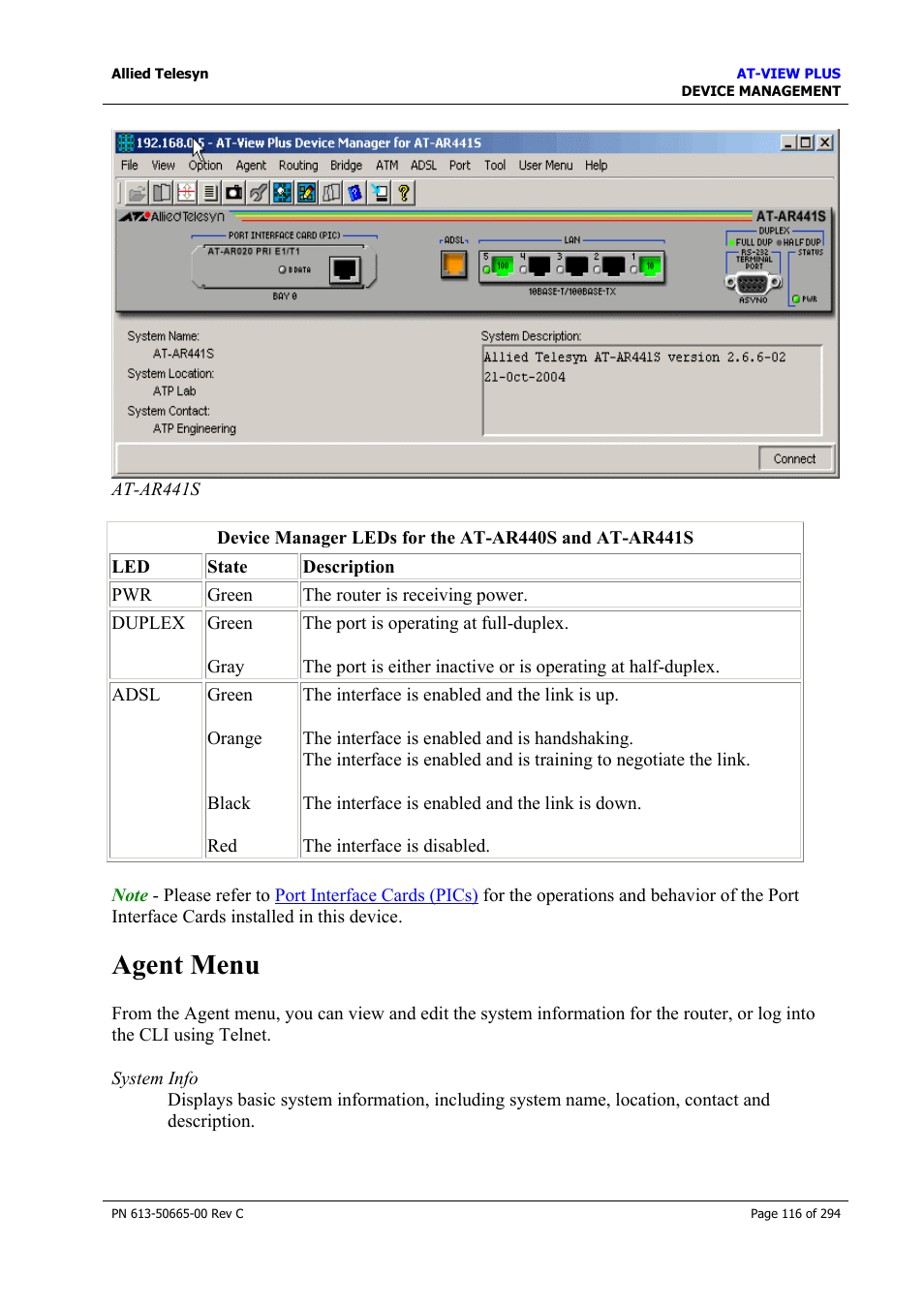 Agent menu | Allied Telesis AT-VIEW PLUS 3.2 DEVICE MANAGEMENT User Manual | Page 116 / 294