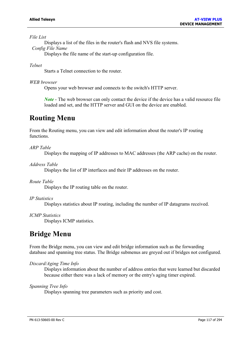 Routing menu, Bridge menu, Routing menu bridge menu | Allied Telesis AT-VIEW PLUS 3.2 DEVICE MANAGEMENT User Manual | Page 117 / 294