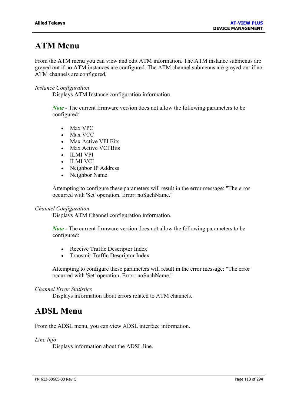 Atm menu, Adsl menu, Atm menu adsl menu | Allied Telesis AT-VIEW PLUS 3.2 DEVICE MANAGEMENT User Manual | Page 118 / 294