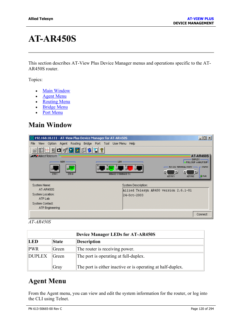 At-ar450s, Main window, Agent menu | Main window agent menu | Allied Telesis AT-VIEW PLUS 3.2 DEVICE MANAGEMENT User Manual | Page 120 / 294