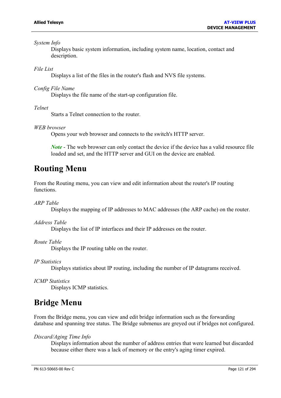 Routing menu, Bridge menu, Routing menu bridge menu | Allied Telesis AT-VIEW PLUS 3.2 DEVICE MANAGEMENT User Manual | Page 121 / 294
