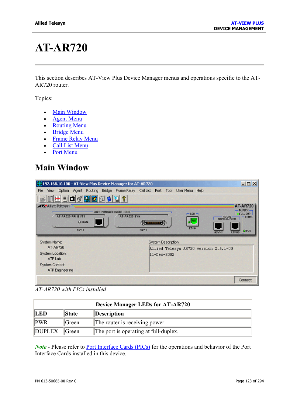 At-ar720, Main window | Allied Telesis AT-VIEW PLUS 3.2 DEVICE MANAGEMENT User Manual | Page 123 / 294