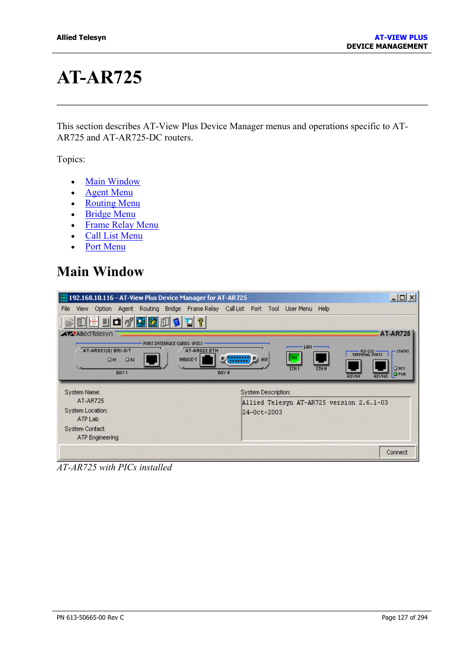 At-ar725, Main window | Allied Telesis AT-VIEW PLUS 3.2 DEVICE MANAGEMENT User Manual | Page 127 / 294