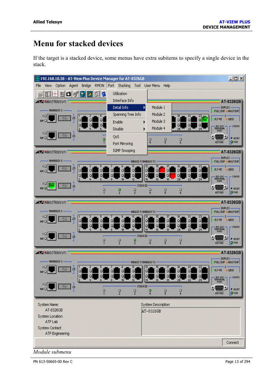 Menu for stacked devices | Allied Telesis AT-VIEW PLUS 3.2 DEVICE MANAGEMENT User Manual | Page 13 / 294
