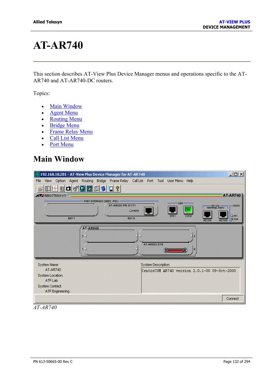 At-ar740, Main window | Allied Telesis AT-VIEW PLUS 3.2 DEVICE MANAGEMENT User Manual | Page 132 / 294