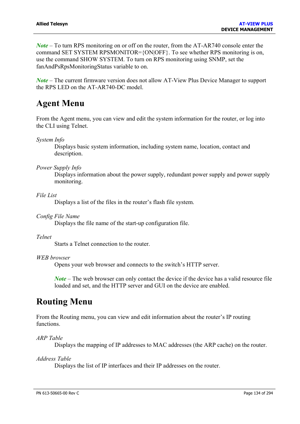 Agent menu, Routing menu, Agent menu routing menu | Allied Telesis AT-VIEW PLUS 3.2 DEVICE MANAGEMENT User Manual | Page 134 / 294