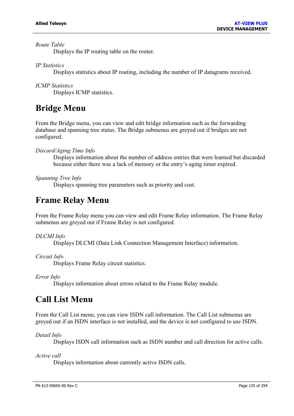 Bridge menu, Frame relay menu, Call list menu | Bridge menu frame relay menu call list menu | Allied Telesis AT-VIEW PLUS 3.2 DEVICE MANAGEMENT User Manual | Page 135 / 294