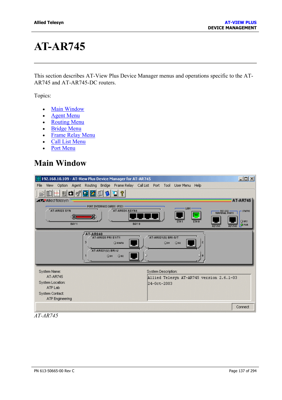 At-ar745, Main window | Allied Telesis AT-VIEW PLUS 3.2 DEVICE MANAGEMENT User Manual | Page 137 / 294