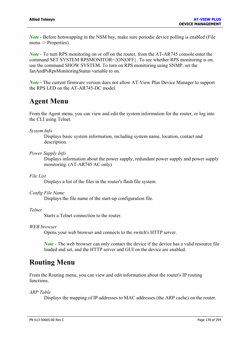 Agent menu, Routing menu, Agent menu routing menu | Allied Telesis AT-VIEW PLUS 3.2 DEVICE MANAGEMENT User Manual | Page 139 / 294