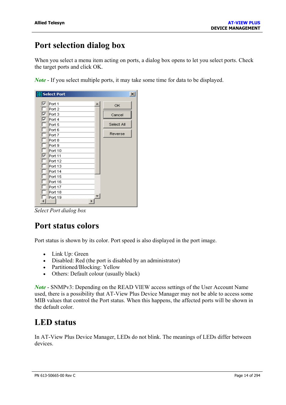 Port selection dialog box, Port status colors, Led status | Allied Telesis AT-VIEW PLUS 3.2 DEVICE MANAGEMENT User Manual | Page 14 / 294