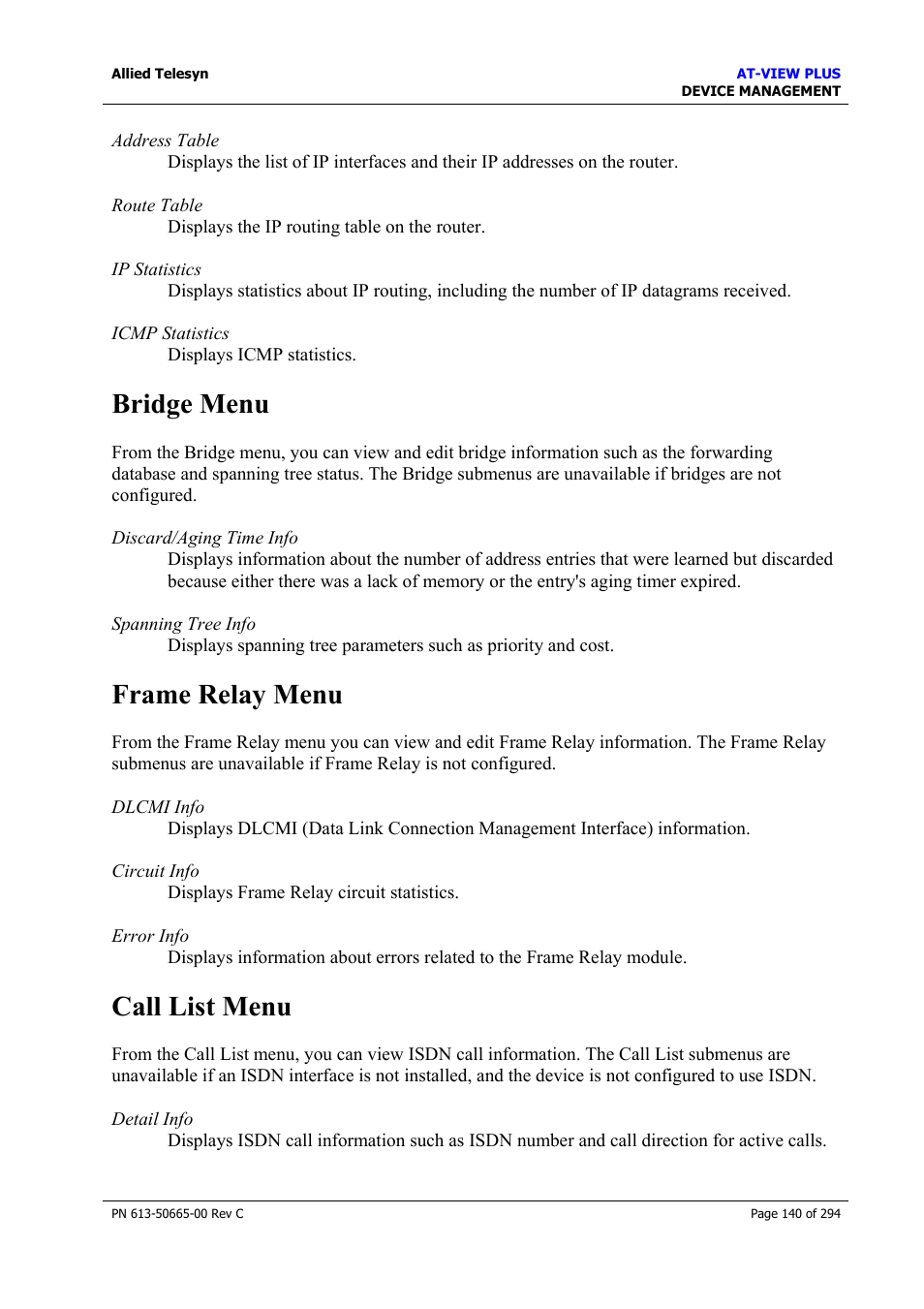 Bridge menu, Frame relay menu, Call list menu | Bridge menu frame relay menu call list menu | Allied Telesis AT-VIEW PLUS 3.2 DEVICE MANAGEMENT User Manual | Page 140 / 294