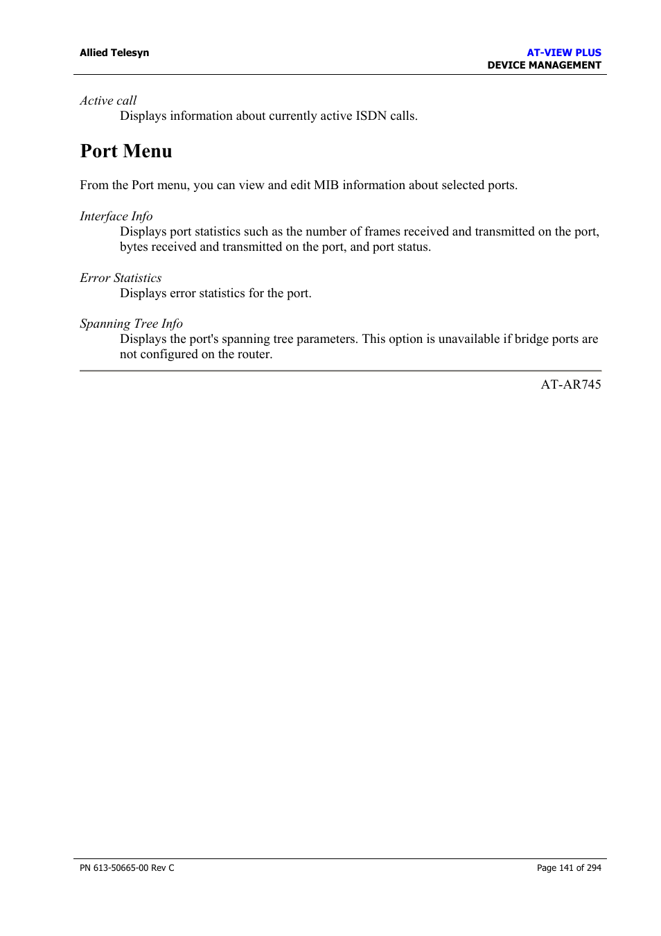 Port menu | Allied Telesis AT-VIEW PLUS 3.2 DEVICE MANAGEMENT User Manual | Page 141 / 294