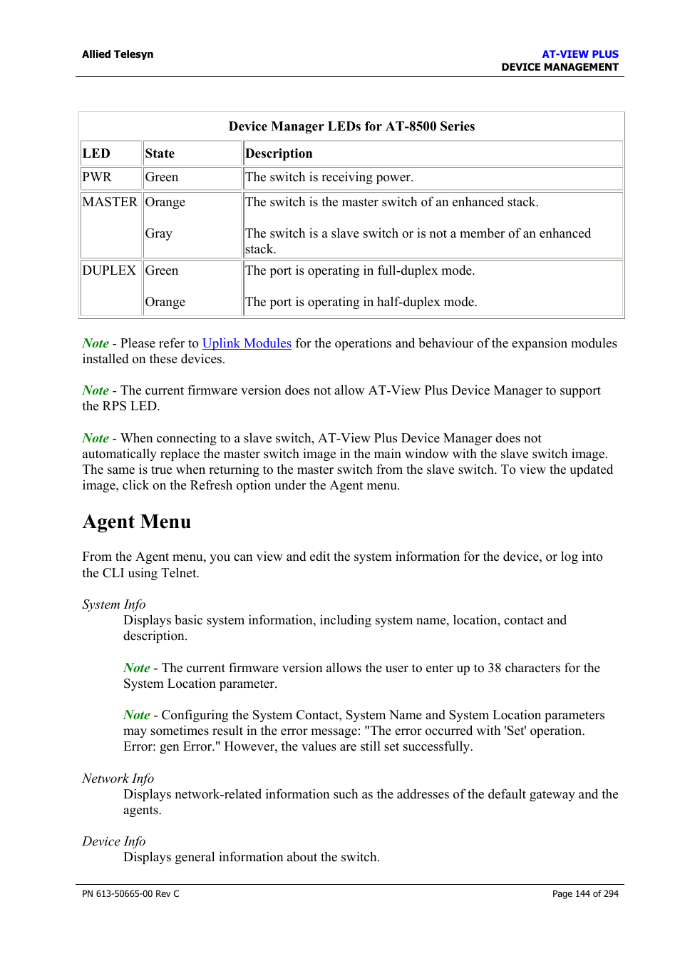 Agent menu | Allied Telesis AT-VIEW PLUS 3.2 DEVICE MANAGEMENT User Manual | Page 144 / 294