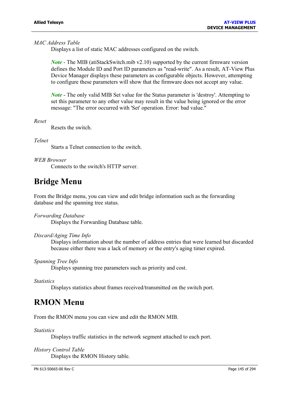 Bridge menu, Rmon menu, Bridge menu rmon menu | Allied Telesis AT-VIEW PLUS 3.2 DEVICE MANAGEMENT User Manual | Page 145 / 294