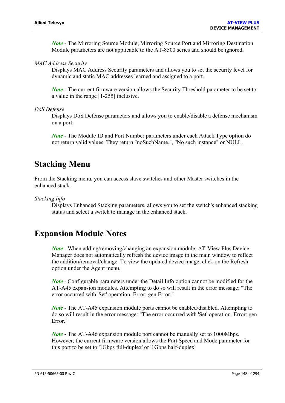 Stacking menu, Expansion module notes, Stacking menu expansion module notes | Allied Telesis AT-VIEW PLUS 3.2 DEVICE MANAGEMENT User Manual | Page 148 / 294