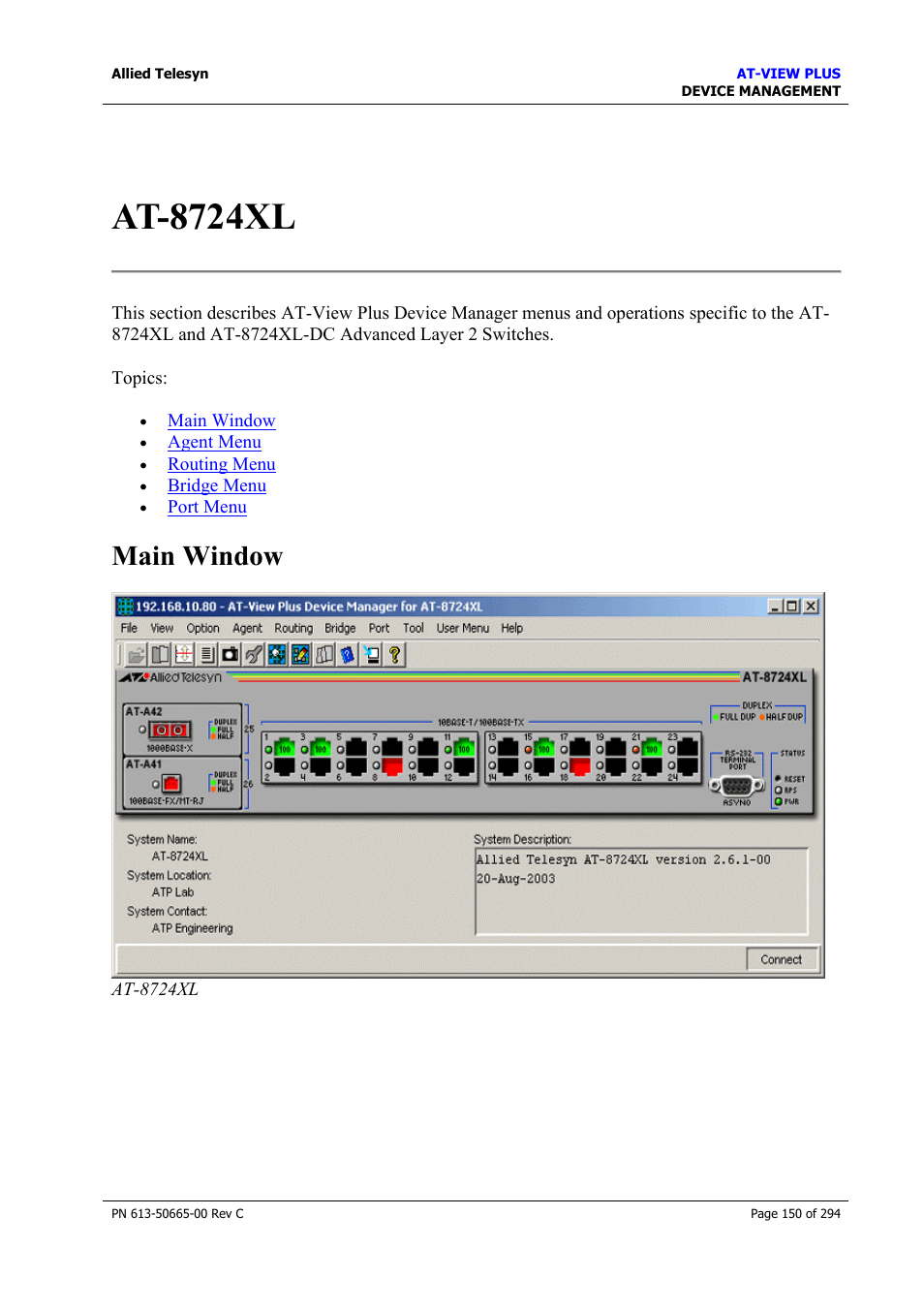At-8724xl, Main window | Allied Telesis AT-VIEW PLUS 3.2 DEVICE MANAGEMENT User Manual | Page 150 / 294