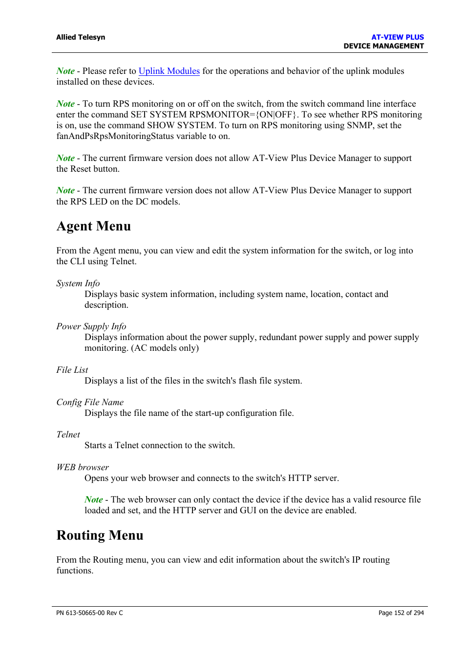 Agent menu, Routing menu, Agent menu routing menu | Allied Telesis AT-VIEW PLUS 3.2 DEVICE MANAGEMENT User Manual | Page 152 / 294