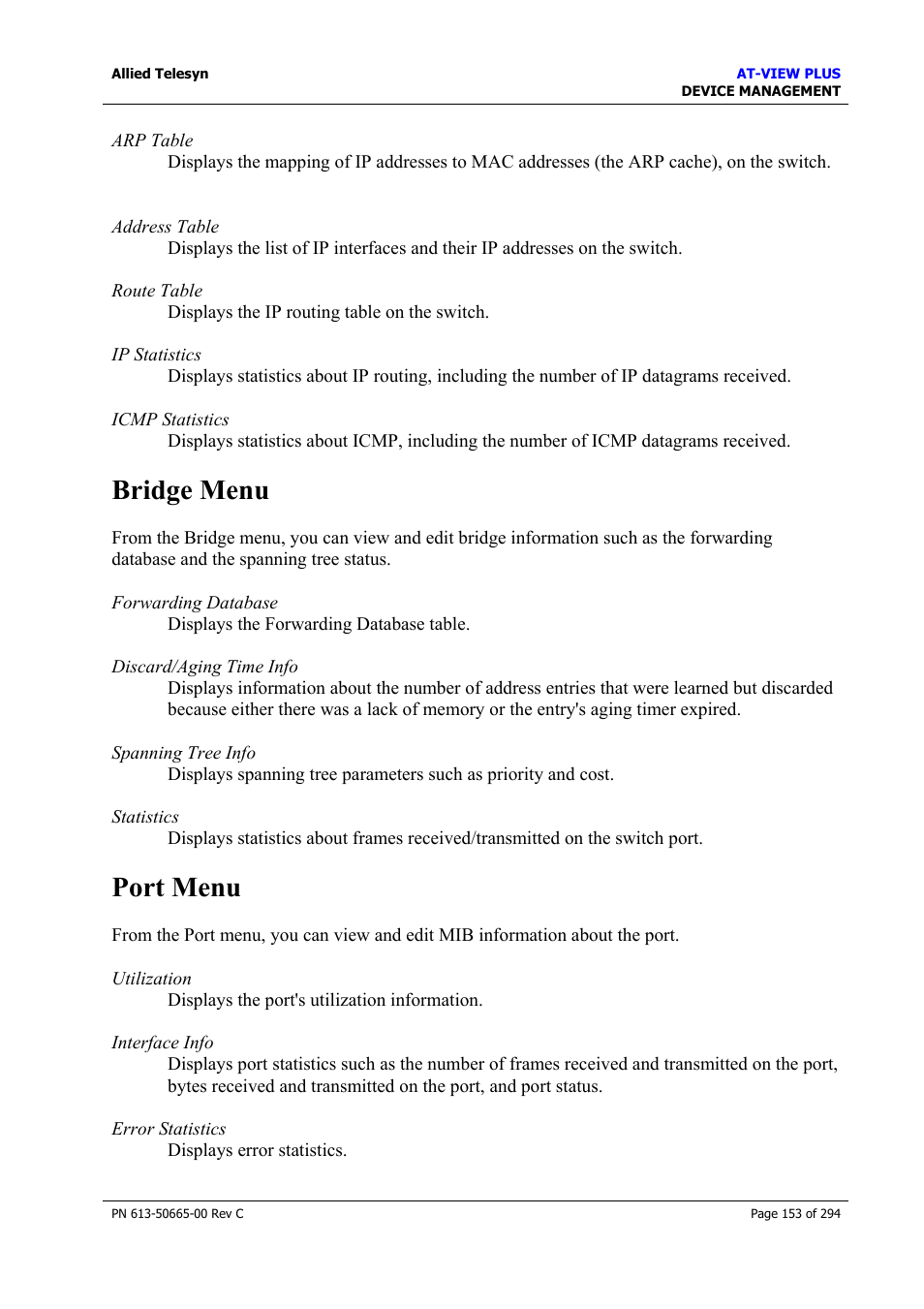 Bridge menu, Port menu, Bridge menu port menu | Allied Telesis AT-VIEW PLUS 3.2 DEVICE MANAGEMENT User Manual | Page 153 / 294