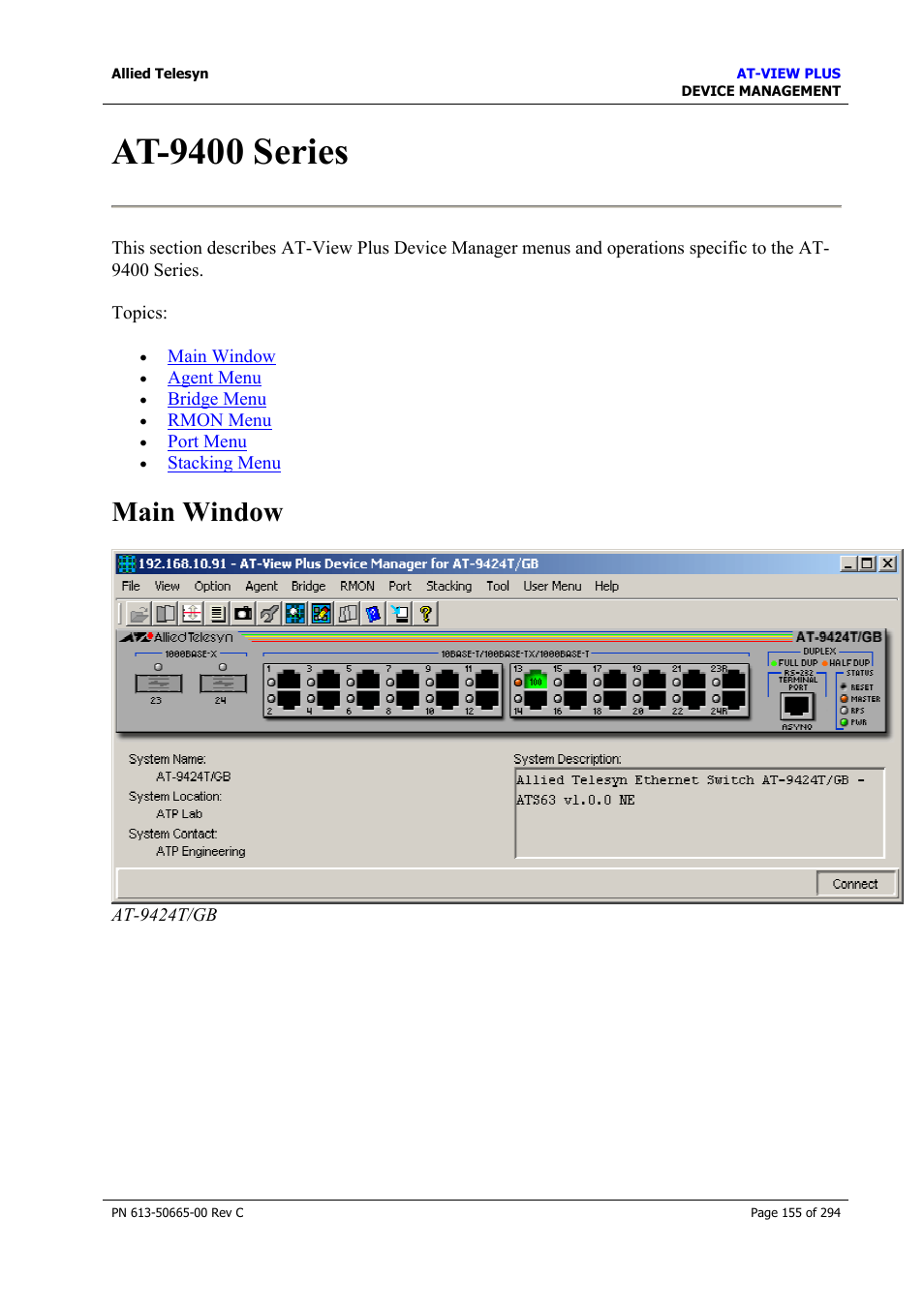 At-9400 series, Main window | Allied Telesis AT-VIEW PLUS 3.2 DEVICE MANAGEMENT User Manual | Page 155 / 294