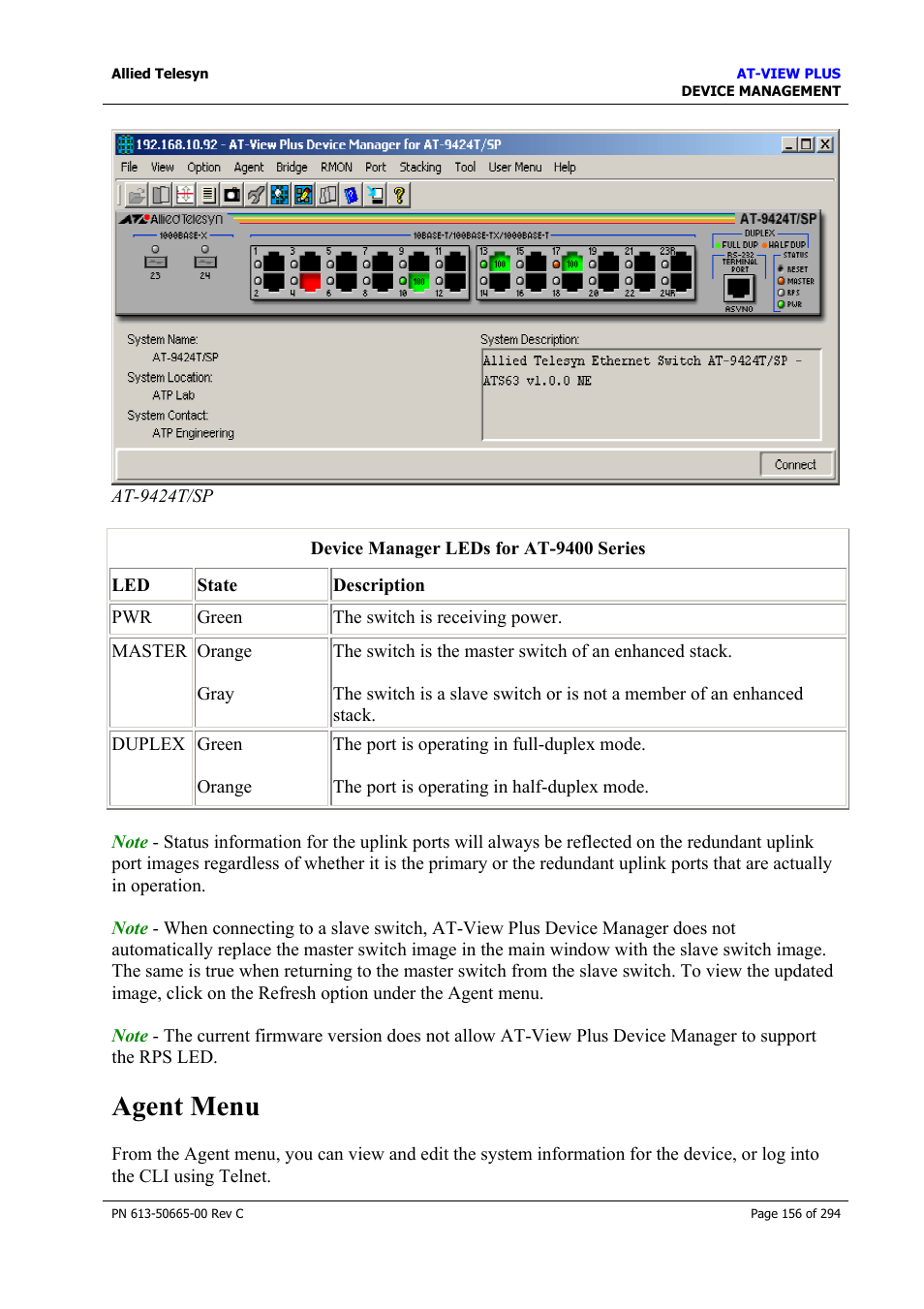 Agent menu | Allied Telesis AT-VIEW PLUS 3.2 DEVICE MANAGEMENT User Manual | Page 156 / 294