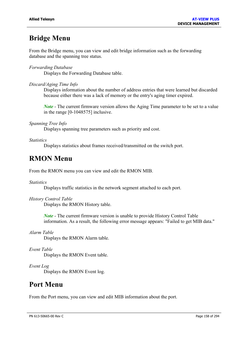 Bridge menu, Rmon menu, Port menu | Bridge menu rmon menu port menu | Allied Telesis AT-VIEW PLUS 3.2 DEVICE MANAGEMENT User Manual | Page 158 / 294