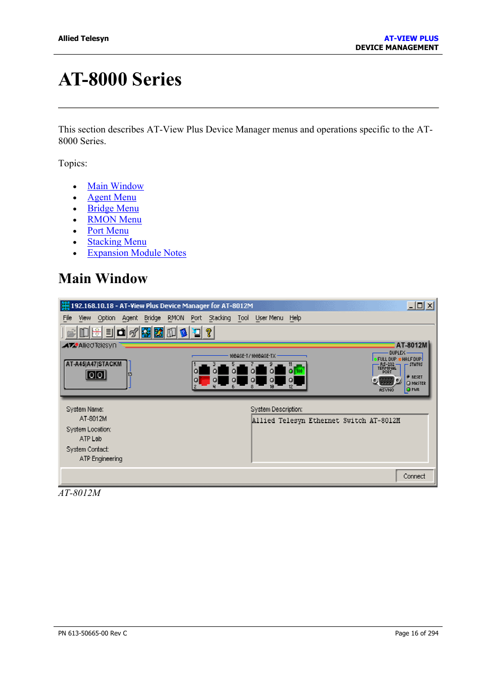 At-8000 series, Main window | Allied Telesis AT-VIEW PLUS 3.2 DEVICE MANAGEMENT User Manual | Page 16 / 294