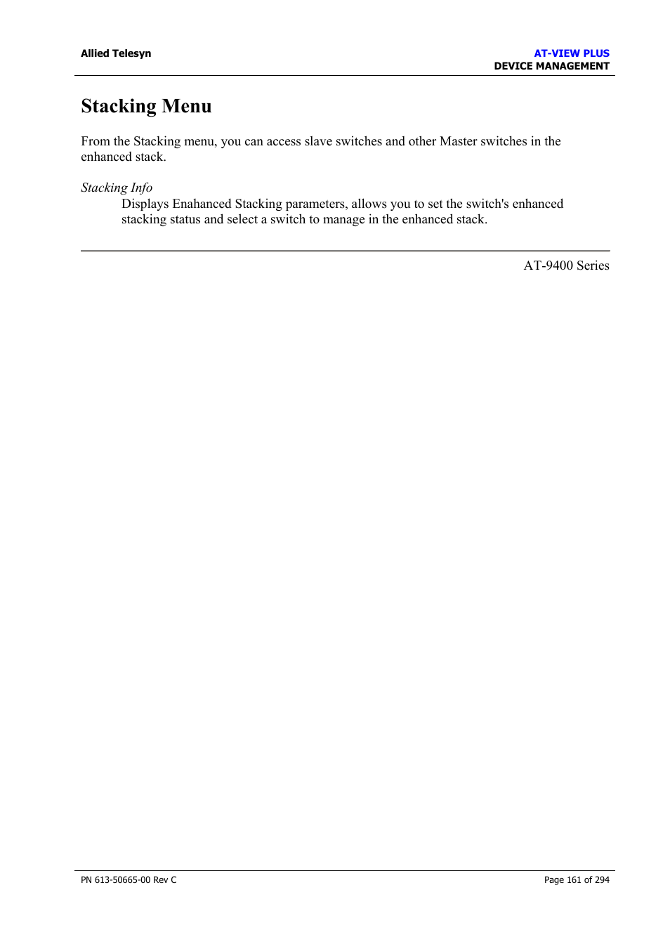 Stacking menu | Allied Telesis AT-VIEW PLUS 3.2 DEVICE MANAGEMENT User Manual | Page 161 / 294