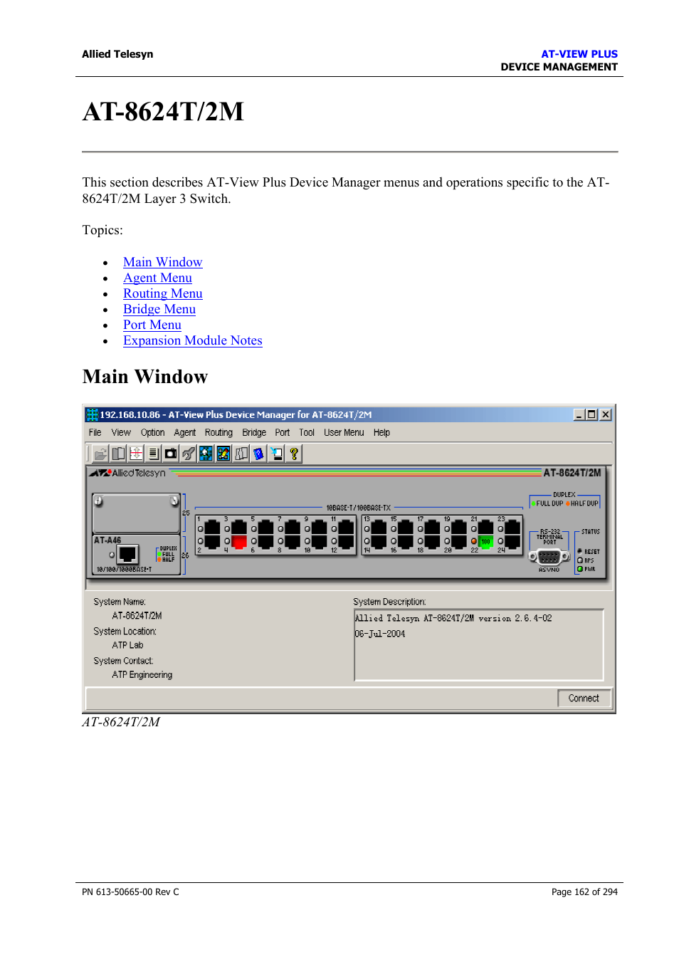 At-8624t/2m, Main window | Allied Telesis AT-VIEW PLUS 3.2 DEVICE MANAGEMENT User Manual | Page 162 / 294