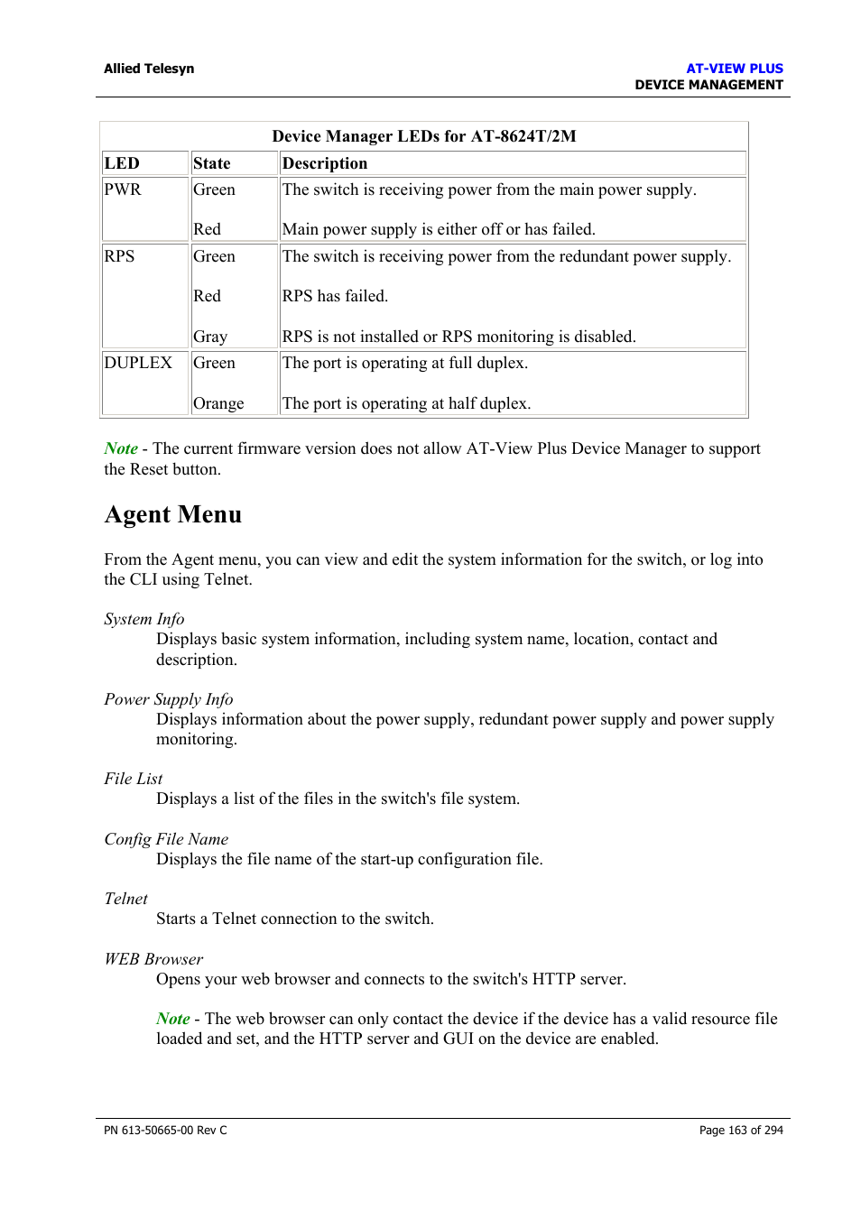 Agent menu | Allied Telesis AT-VIEW PLUS 3.2 DEVICE MANAGEMENT User Manual | Page 163 / 294