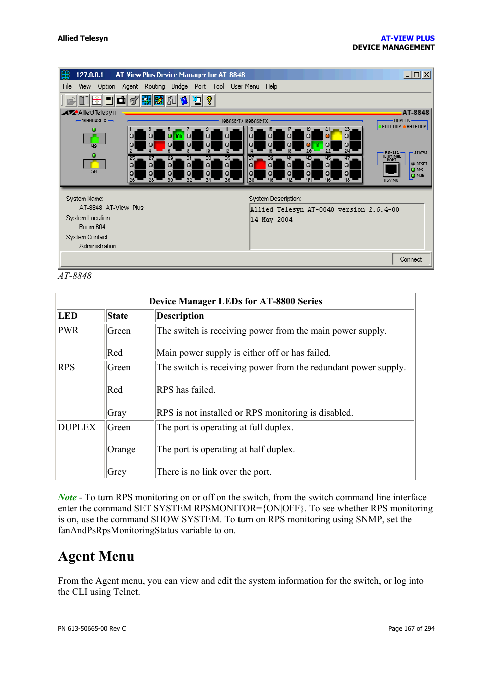 Agent menu | Allied Telesis AT-VIEW PLUS 3.2 DEVICE MANAGEMENT User Manual | Page 167 / 294