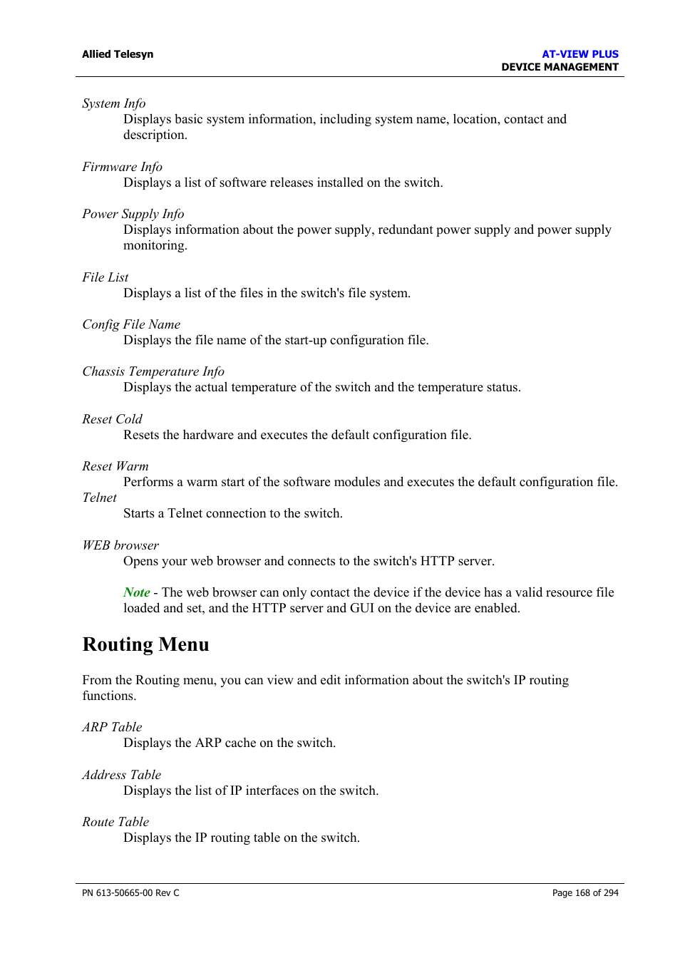 Routing menu | Allied Telesis AT-VIEW PLUS 3.2 DEVICE MANAGEMENT User Manual | Page 168 / 294