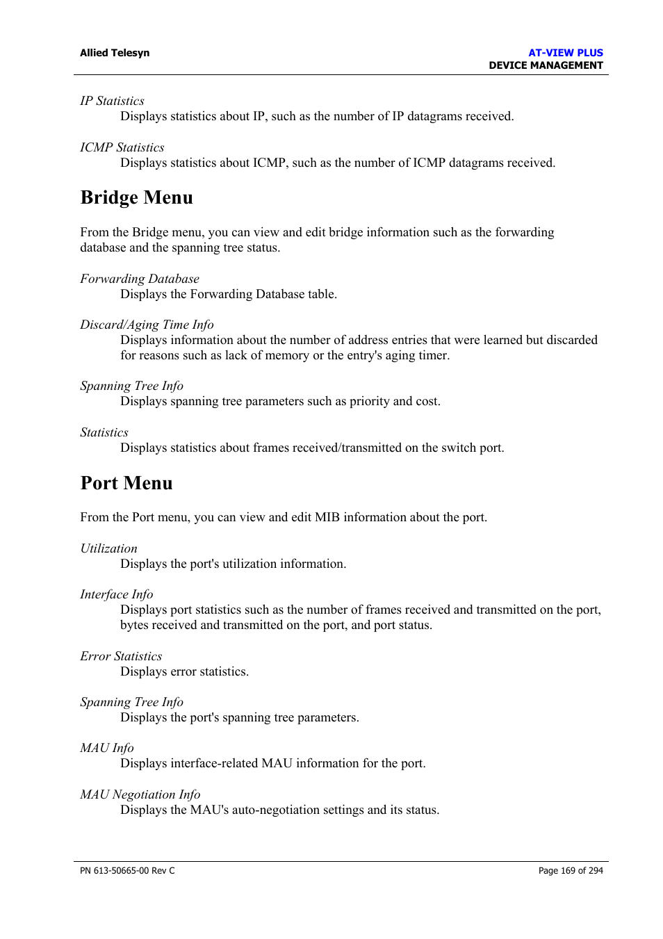 Bridge menu, Port menu, Bridge menu port menu | Allied Telesis AT-VIEW PLUS 3.2 DEVICE MANAGEMENT User Manual | Page 169 / 294