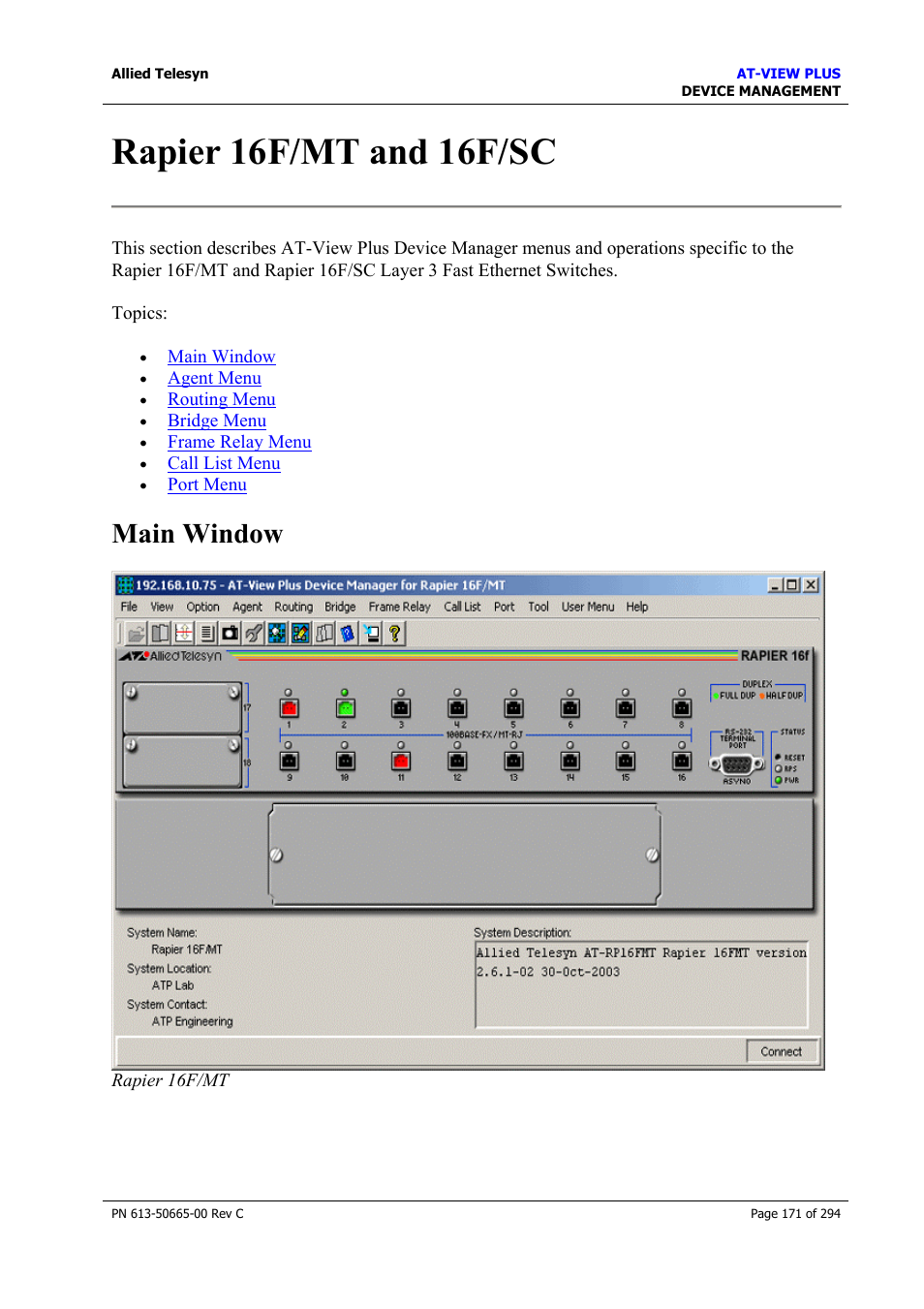 Rapier 16f/mt and 16f/sc, Main window | Allied Telesis AT-VIEW PLUS 3.2 DEVICE MANAGEMENT User Manual | Page 171 / 294