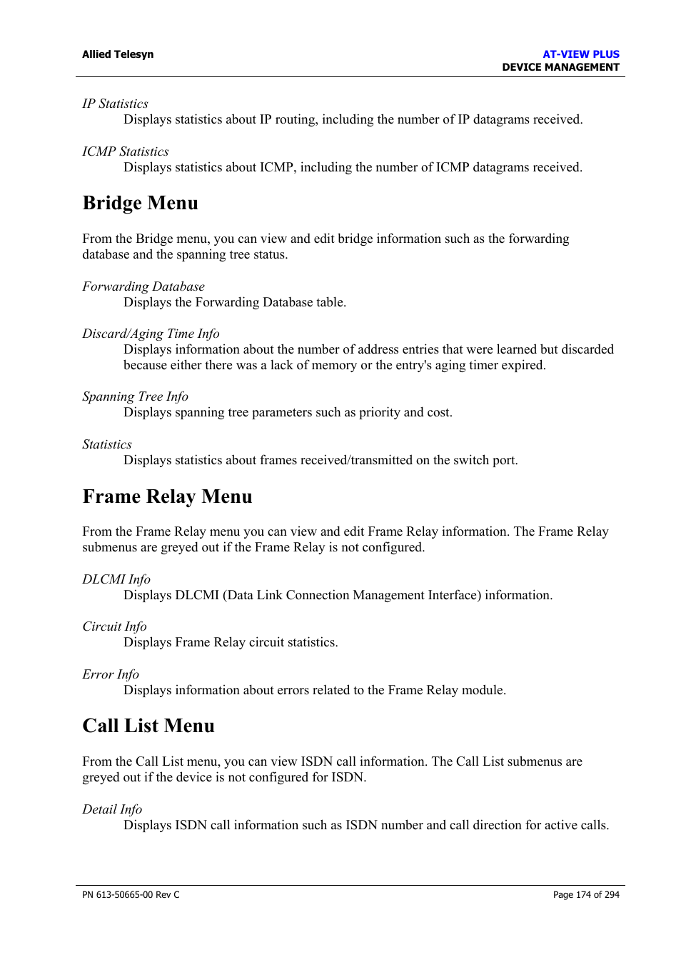 Bridge menu, Frame relay menu, Call list menu | Bridge menu frame relay menu call list menu | Allied Telesis AT-VIEW PLUS 3.2 DEVICE MANAGEMENT User Manual | Page 174 / 294