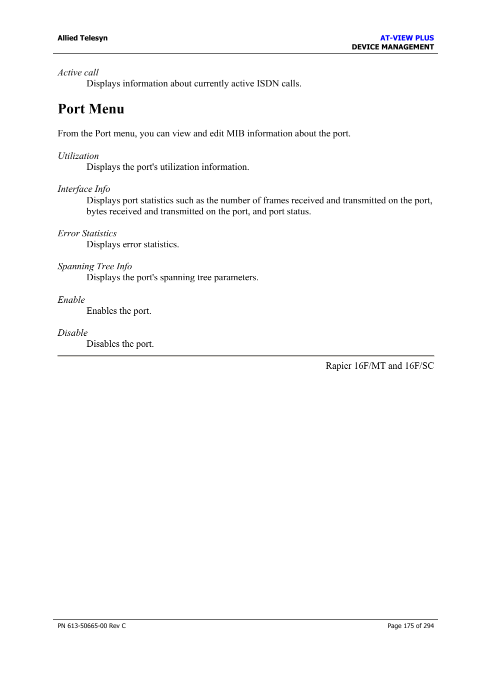 Port menu | Allied Telesis AT-VIEW PLUS 3.2 DEVICE MANAGEMENT User Manual | Page 175 / 294