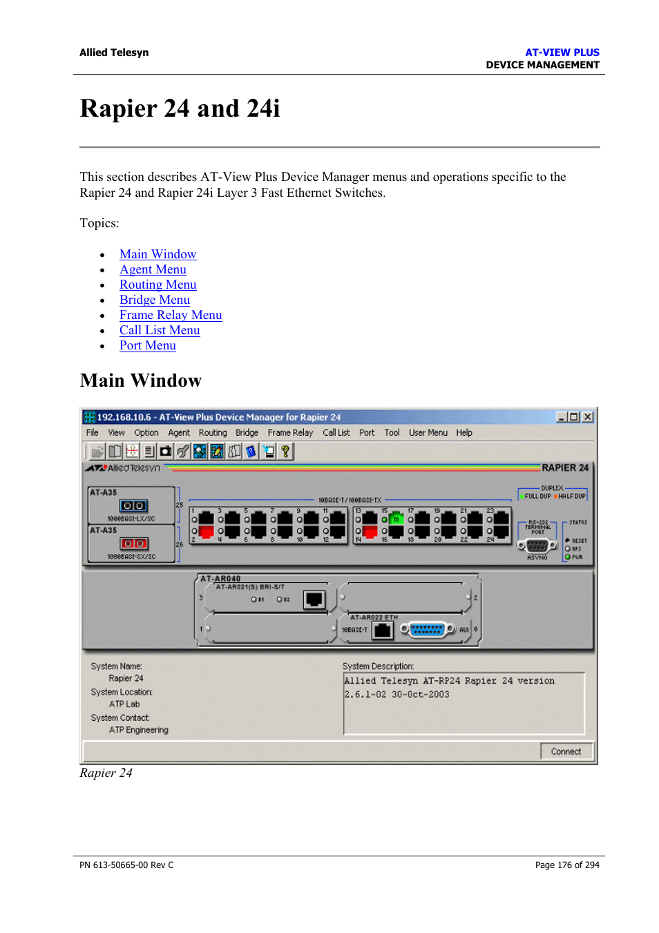 Rapier 24 and 24i, Main window | Allied Telesis AT-VIEW PLUS 3.2 DEVICE MANAGEMENT User Manual | Page 176 / 294
