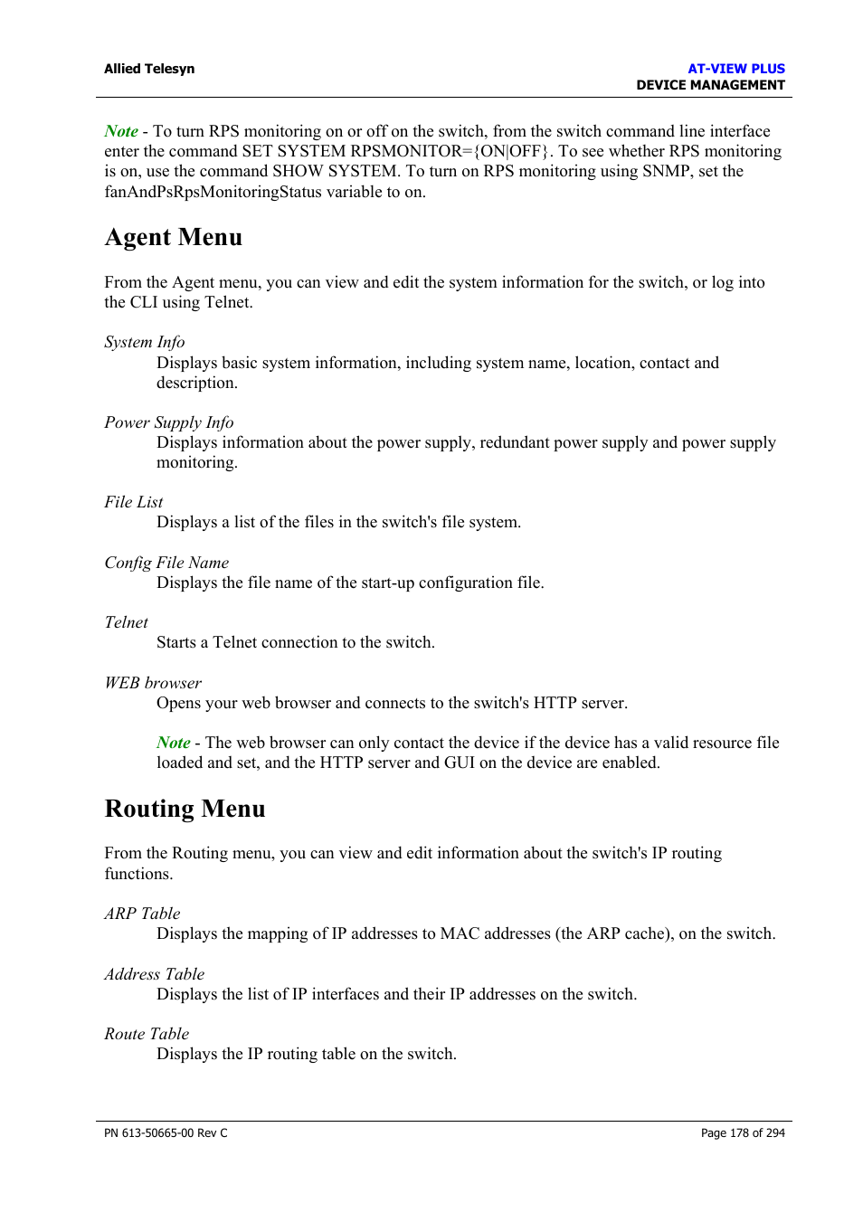 Agent menu, Routing menu, Agent menu routing menu | Allied Telesis AT-VIEW PLUS 3.2 DEVICE MANAGEMENT User Manual | Page 178 / 294