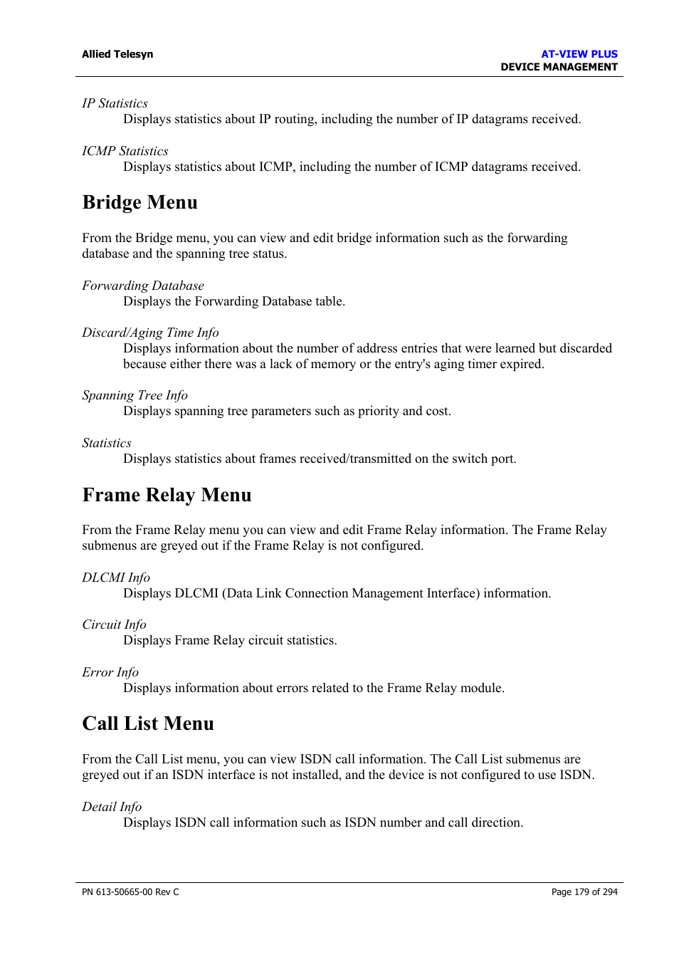 Bridge menu, Frame relay menu, Call list menu | Bridge menu frame relay menu call list menu | Allied Telesis AT-VIEW PLUS 3.2 DEVICE MANAGEMENT User Manual | Page 179 / 294