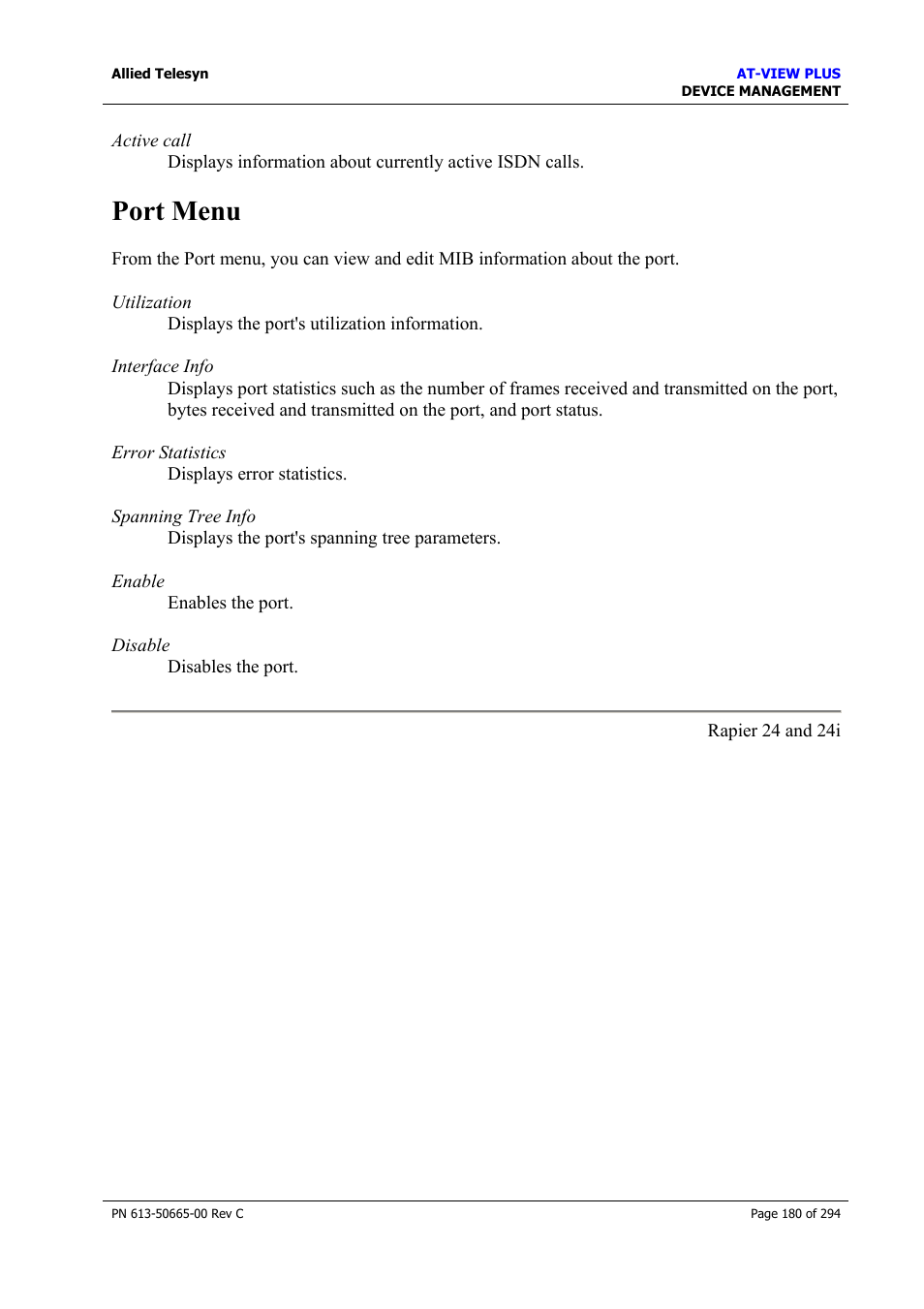 Port menu | Allied Telesis AT-VIEW PLUS 3.2 DEVICE MANAGEMENT User Manual | Page 180 / 294