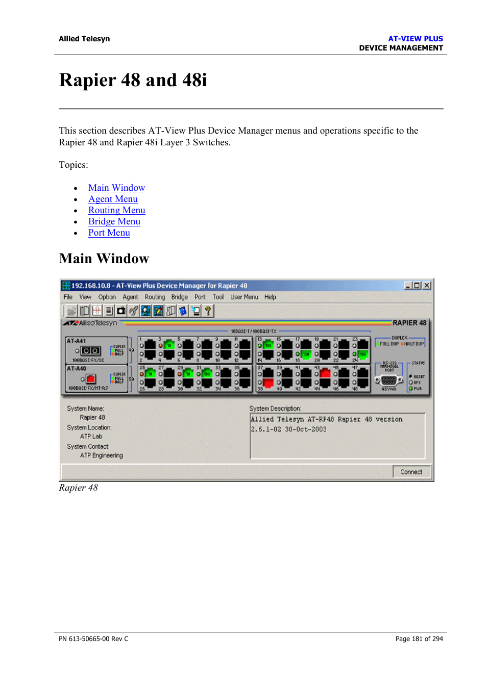 Rapier 48 and 48i, Main window | Allied Telesis AT-VIEW PLUS 3.2 DEVICE MANAGEMENT User Manual | Page 181 / 294