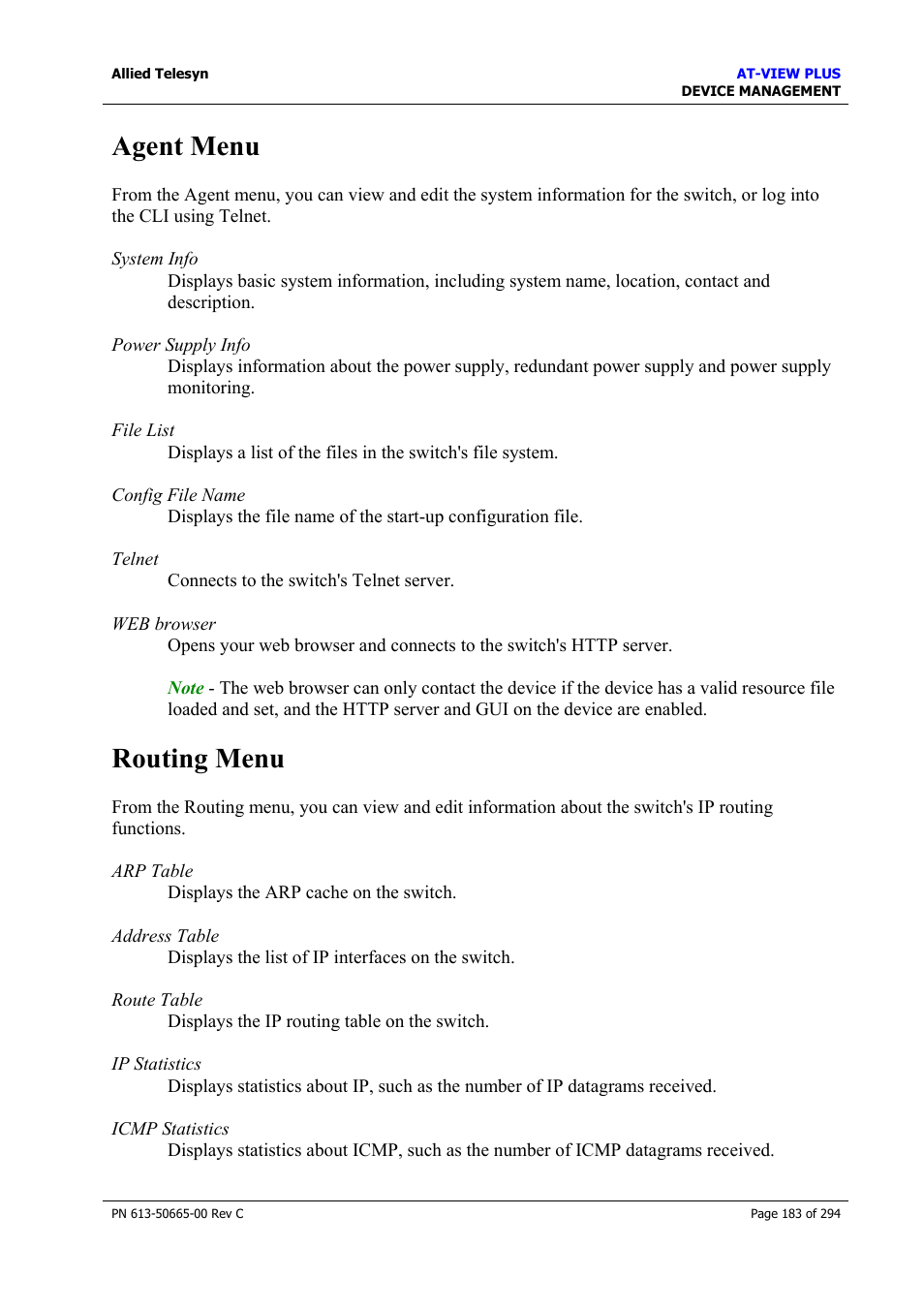 Agent menu, Routing menu, Agent menu routing menu | Allied Telesis AT-VIEW PLUS 3.2 DEVICE MANAGEMENT User Manual | Page 183 / 294