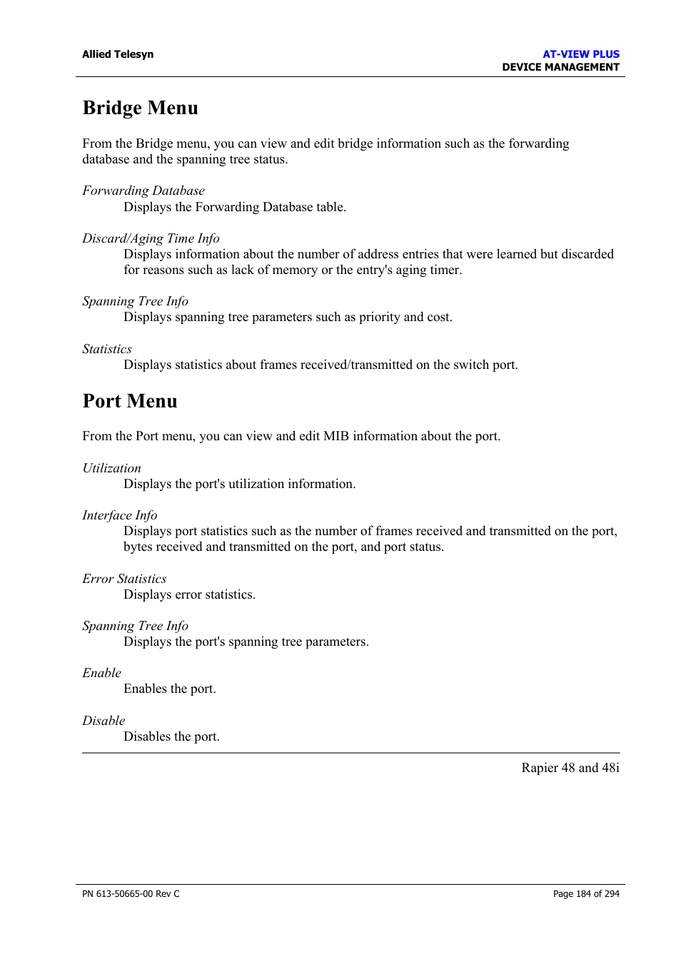 Bridge menu, Port menu, Bridge menu port menu | Allied Telesis AT-VIEW PLUS 3.2 DEVICE MANAGEMENT User Manual | Page 184 / 294
